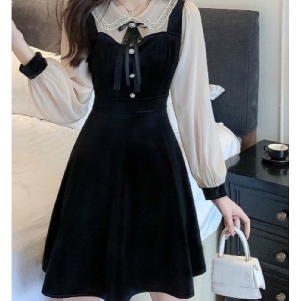 Gothic velvety Peter Pan babydoll collar cottagecore schoolgirl lolita Dress M